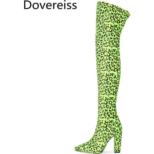 Dovereiss Fashion Womens Shoes Winter new Pointed Toe Leopard print Elegant Concise Mature Over the knee boots 34-47