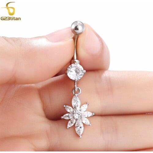 G23Titan Crystal Belly Button Ring 14G Titanium Dangle Flower Navel Piercing Boho Summer Jewelry Navel Bar Cute Belly Ring