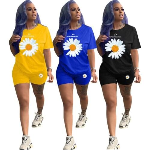 Womens 2 Piece Outfit Set Daisy Print Two Piece Set Short Sets for Women Ladies Femme 2021 Floral Summer Clother Matching Set