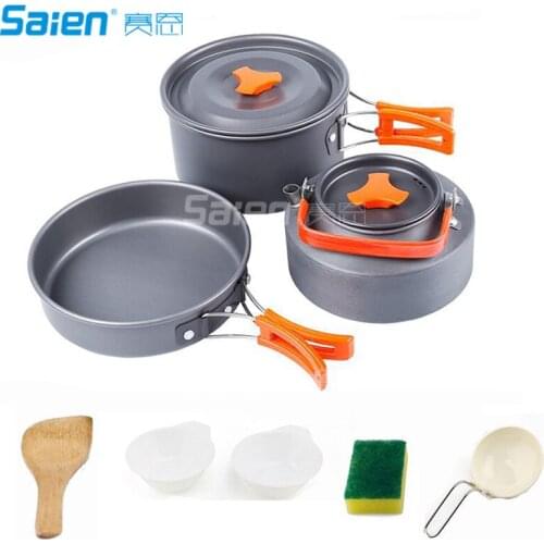 Camping Cookware Backpacking Gear Outdoor Cooking Mess Kit 3 Pieces Portable Lightweight Pot Pan Tea Kettle Cooking Equipment