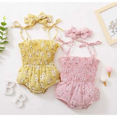 Summer Baby Girls Clothes Romper Square Neck Sleeveless Jumpsuit and Headband Pink/ Yellow