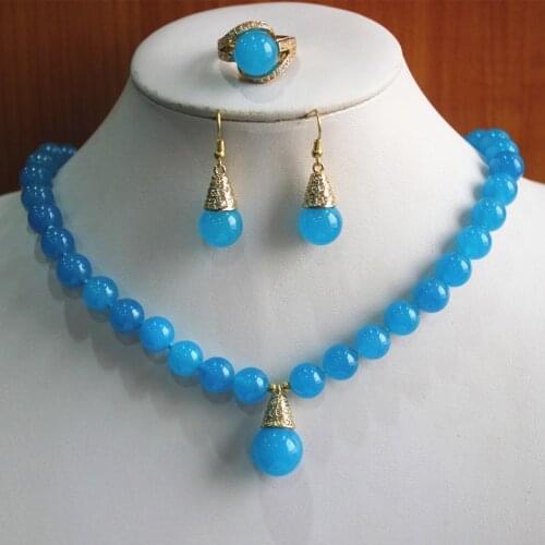 Best gift jewelry set!Wholesale factory price Womens blue semi-preciousNatural jade Necklace earring ring(7/8/9) set #109