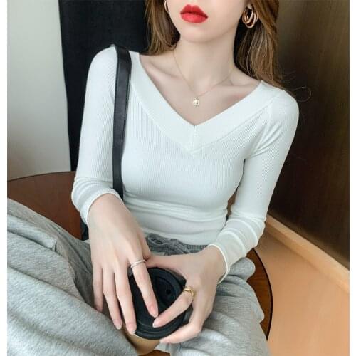 2021 spring Autumn new sexy V-neck slim long sleeve T-shirt Female Thin Sweater slim Knitted Pullovers For Women