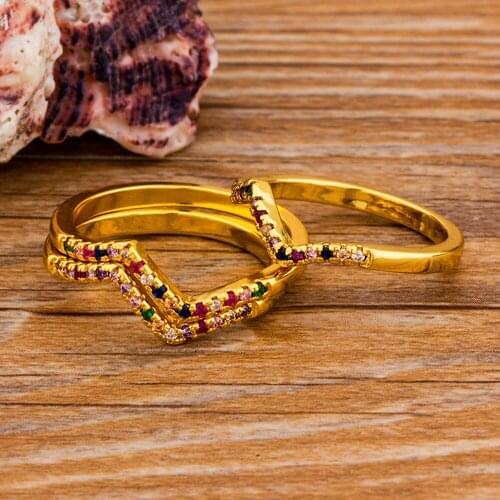 New Simple Wave Shape Copper CZ Rainbow Rings Crystal Engagement Design Eternity Finger Gold Ring Women Female Jewelry Accessory