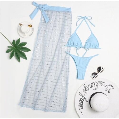 New Sexy Shiny swimwear 3 piece swimsuit women 2021 high waist skirt Halter bikini blue bandage Swimsuit Bathing Suit women Swim