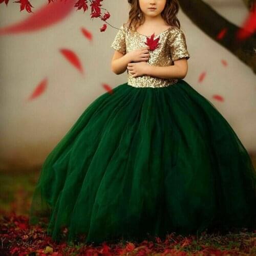 Flower Girl Dresses Gold Sequins For Wedding Little Kids Short Sleeve Tulle First Communion Fluffy Princess Pageant Dresses