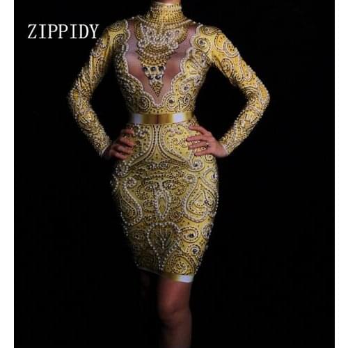 Birthday Celebrate Evening Wear Dress Fashion Rhinestones Pearls Dress Long Sleeves Womens Gold Dress Female Singer Clothes
