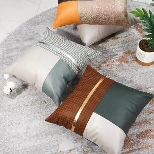 Houndstooth jacquard solid leather patchwork sofa decor cushion cover leaf feather embroidery pillow cover chair car pillowcase