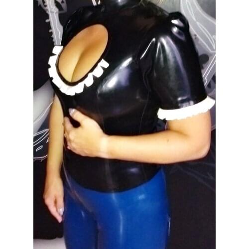 Sexy open breast black latex tops womens short sleeve tight t-shirt with white ruffles decorations