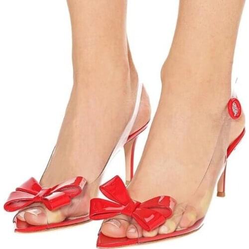 Red White New Woman Cute Transparent PVC Patent Leather Bow Tie Pointed Toe Peep Toe Buckle Strap Pumps Wedding Shoes Lady
