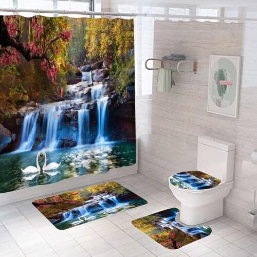 3D Landscape Trees Flower Waterproof Shower Curtain Waterfall Scenery Bathroom Bath Mat Set Design Pedestal Rug Lid Toilet Cover