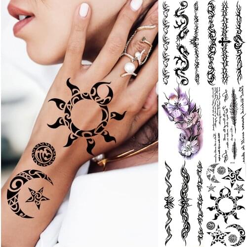 Indian Tribal Sun Moon Star Temporary Tattoos For Women Men Realistic Dragon Flower Tato Totem Fake Tattoo Sticker Armband