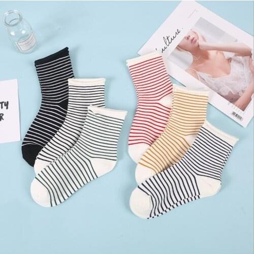Women Solid Striped Cotton Sock Ankle Socks Girls Mustard Stripes Sock Black Stripes Crew Sock Winter Red Short Sock 5 Pairs/lot