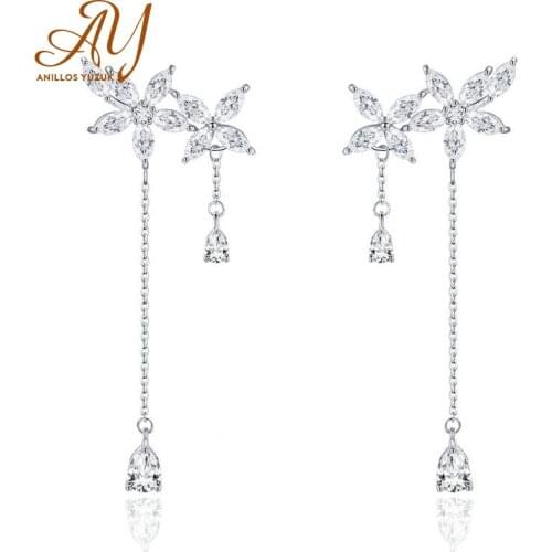 Anillos Yuzuk 925 Sterling Silver Earrings Jewelry Fashion Clear Crystal Zircon Flower Drop Earrings For Women Girls Lady Gift