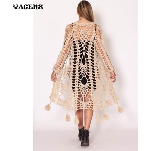 Women Bohemian Fall New Style Crochet Hollow out Tassel Long Sleeve Long Knitted Cardigan Sweater Casual Knitwear Fringed B23