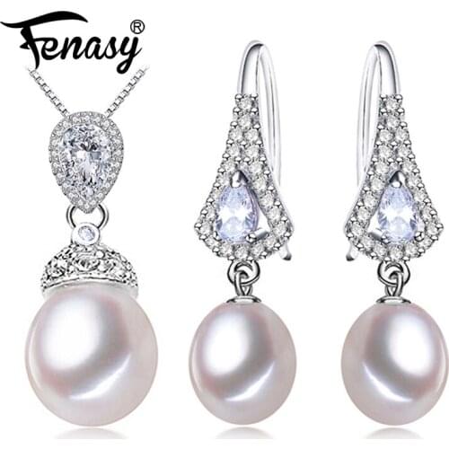 FENASY Pearl Jewelry Sets For Women Classic Natural Pearl Pendant Necklace 925 Sterling Silver Long Earrings Fine Jewelry