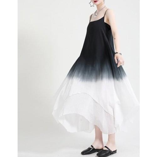 Johnature New Hanging Dyeing Spaghetti Strap Dress 2021 Summer Loose Irregular Hit Color Pockets Women Dresses