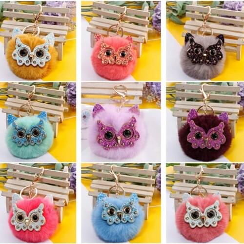 1Pc Fluffy Candy Color Fur Cute Owl Key Chains Pom Pom Women Key Ring Car Charm Bag Purse Pendant Jewelry Funny Animal Keychain