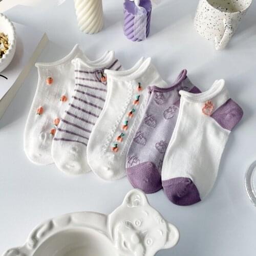 Kawaii Strawberry Striped Printed Japanese Style Cotton Soft Breathable Low Tube Socks for Women 2021 New 10 Pairs