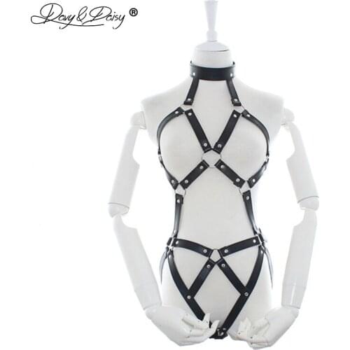 DAVYDAISY Women Sexy Bodysuits Open Bust Bandage Collar Choker Backless Catsuits PU Leather Sexy Lingerie Sexy Costumes TE524