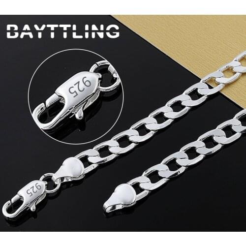 BAYTTLING 925 Sterling Silver 16/18/20/22/24 inch 8MM Flat Sideways Figaro Chain Necklace For Woman Man Fashion Wedding Jewelry