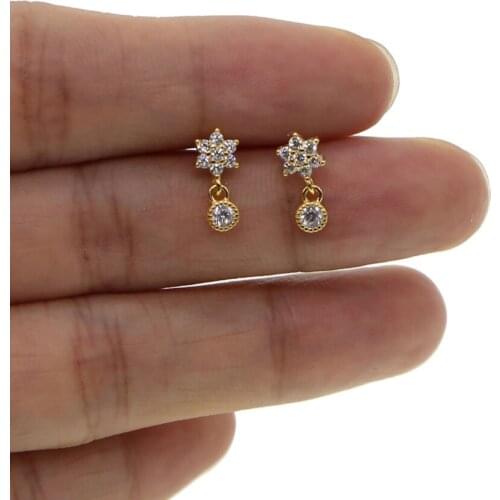 Fine 925 sterling silver lovely earring for girl Gold filled beautiful cute flower cz drop charm minimal delicate silver jewelry