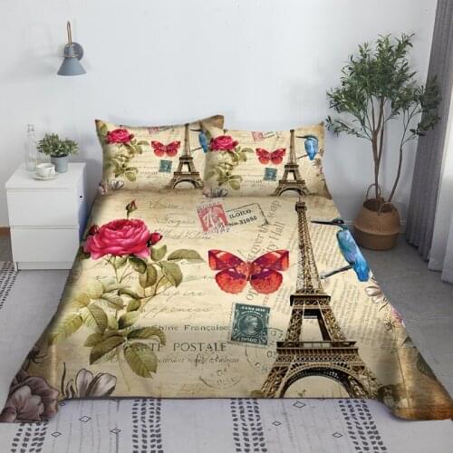 Paris Eiffel Tower Bed Sheet Set 3D Printed Bed Flat Sheets With Pillow Cover For Adults Kids Single Double Size Home Textiles