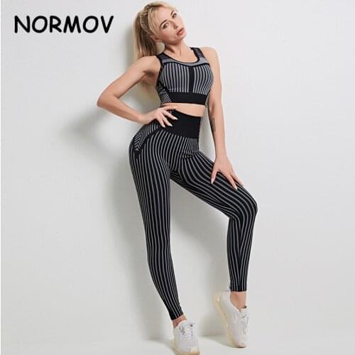 NORMOV 2/PCS Seamless Women Sport Set For Gym Long Sleeve Top High Waist Belly Control Leggings Clothes Sexy Seamless Sport Suit