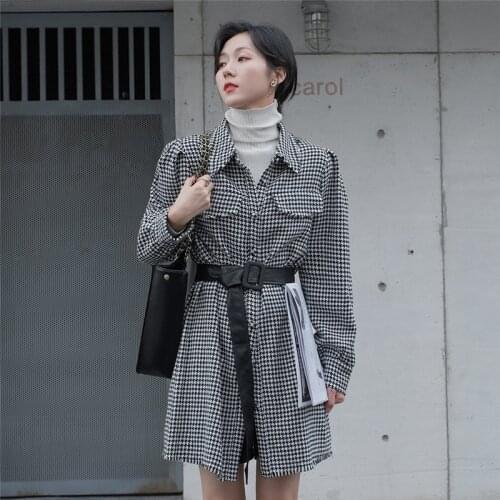 LMQ NEW Women Vintage Oversize Plaid Long Shirts Loose Outwear Chic With Belt All-Match Blouses Streetwear Female Outfits