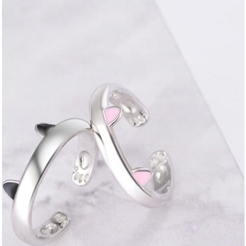 Cute Fashion Jewelry For Woman Girls Finger Shiny 925 Sterling Silver Open Rings With Tiny Cat Ear Lovely Paws Inside