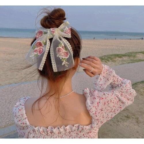 Ins Fashion Elegant Women Hair Clips White Rose Floral Lace Bowknot Printing Streamer Hairpin Hair Band Girls Hair Accessories