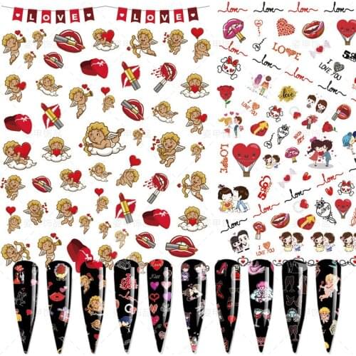 2021 New 3D Valentines Nail Stickers Decals Cartoon Love Red Heart Letter Sliders Designs for Nails Manicure Decor Accessories