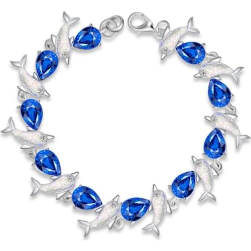Silver Plated Link Chain Water Drop Blue Cubic Zirconia Bracelet Lovely Dolphin Fashion Jewelry