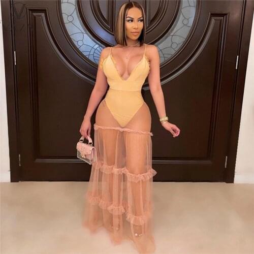 VAZN 2021 Tulle Banquet Party See Through Pleated Dress Women Elegant Fashion Dress Slim Dress Club Birthday Shinny Dress