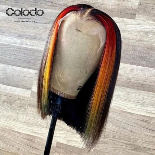 Rainbow Highlight Lace Front Human Hair Wigs With Baby Hair Preplucked Purple Short Bob Wigs Glueless Transparent Lace Wigs