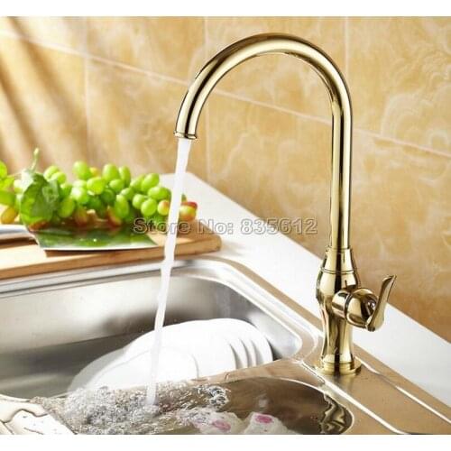 Luxury Gold Color Brass Gooseneck Style Swivel Spout Kitchen Sink Faucet Single Handle Basin Mixer tap Wsf075