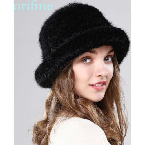 New lady natural mink fur hats fashion warm winter fedoras male knitted