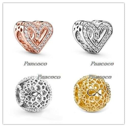 925 Sterling Silver Charm Openwork Rose Sparkling Freehand Heart With Crystal Bead Fit Women Pandora Bracelet & Necklace Jewelry