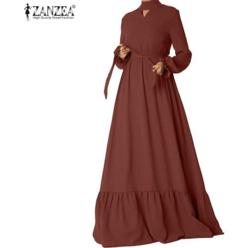 2021 Spring Elegant Long Ruffles Dress ZANZEA Casual Vintage Solid O Neck Sundress Plus Size Belted Maxi Long Kaftan Women Robe