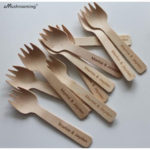 100 Personalized Mini Wooden Forks Carnival Wedding Birthday Party Supplies Ceremony Tableware Utensils Ice Cream Dessert Forks