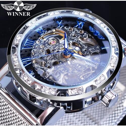 Winner Stylish Mechanical Hand Wind Relogio Masculino Mesh Business Skeleton New Arrival Top Brand Luxury Diamond Mens Watches