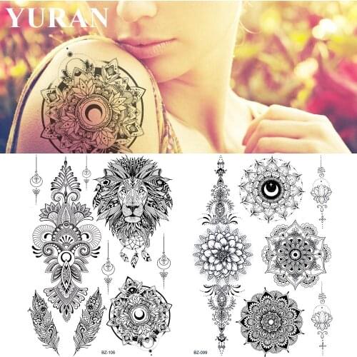 YURAN Waterproof Henna Flower Lion India Moon Tattoos Temporary Girls Women Custom Tatto Stickers Arm Chest Fake Mandala Tattoo