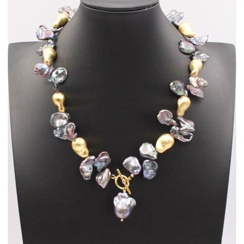 GuaiGuai Jewelry Natural Black Keshi Pearl Gold Plated Electroplate Beads Necklace Black Baruque Pearl Pendant For Women