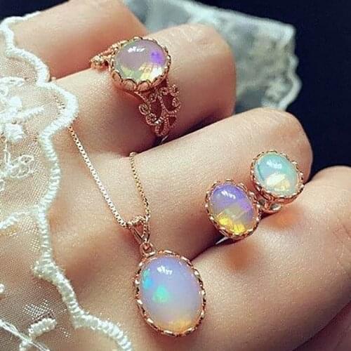 Fire Opal jewelry sets Rainbow african bridal gold color necklace earrings Ring wedding crystal women fashion jewellery set