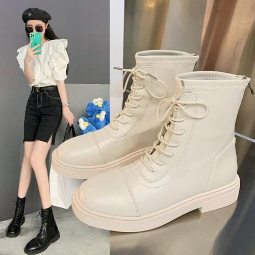 Short boots womens autumn and winter 2021 new round head thick heel lace boots rear zipper elastic thin boots