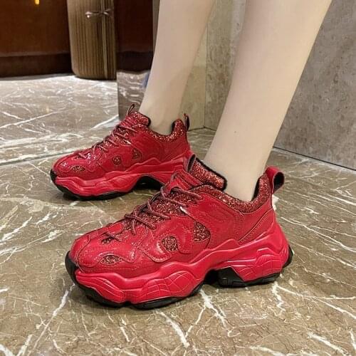 Llogai Fashion Design Increased High Heel Sneakers New Female Leather Womens Shoes Vulcanized Shoes Platform Dad Shoes Mujer