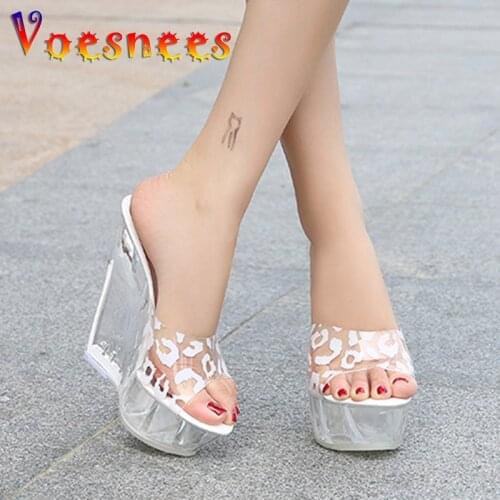 High Quality Leisure Women Slippers Leopard Print Summer Transparent Crystal Catwalk Wedding Shoes High Heel 14CM Wedges Sandals