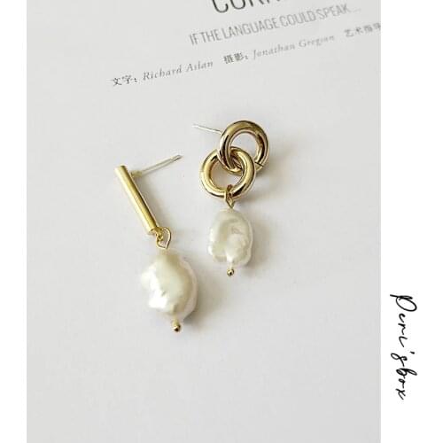 PerisBox Gold Bar Natural Freshwater Pearl Drop Earrings Double Circle Earrings Pearl Charm Geometric Asymmetric Earrings Femme