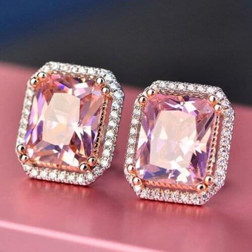 Princess Shape Cubic Zirconia Earrings for Women Small Earrings Zirconia Zircon Zircon Pink Color Romantic Style Engagement