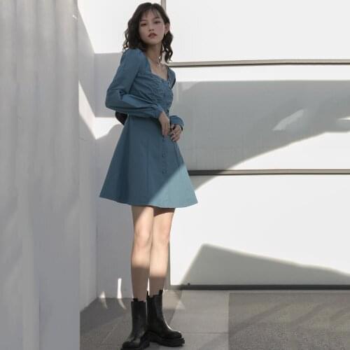 Long Sleeve Dress Women Square Collar French Style High Waist Korean Version A-Line Mini Dresses Retro Chic Vestidos